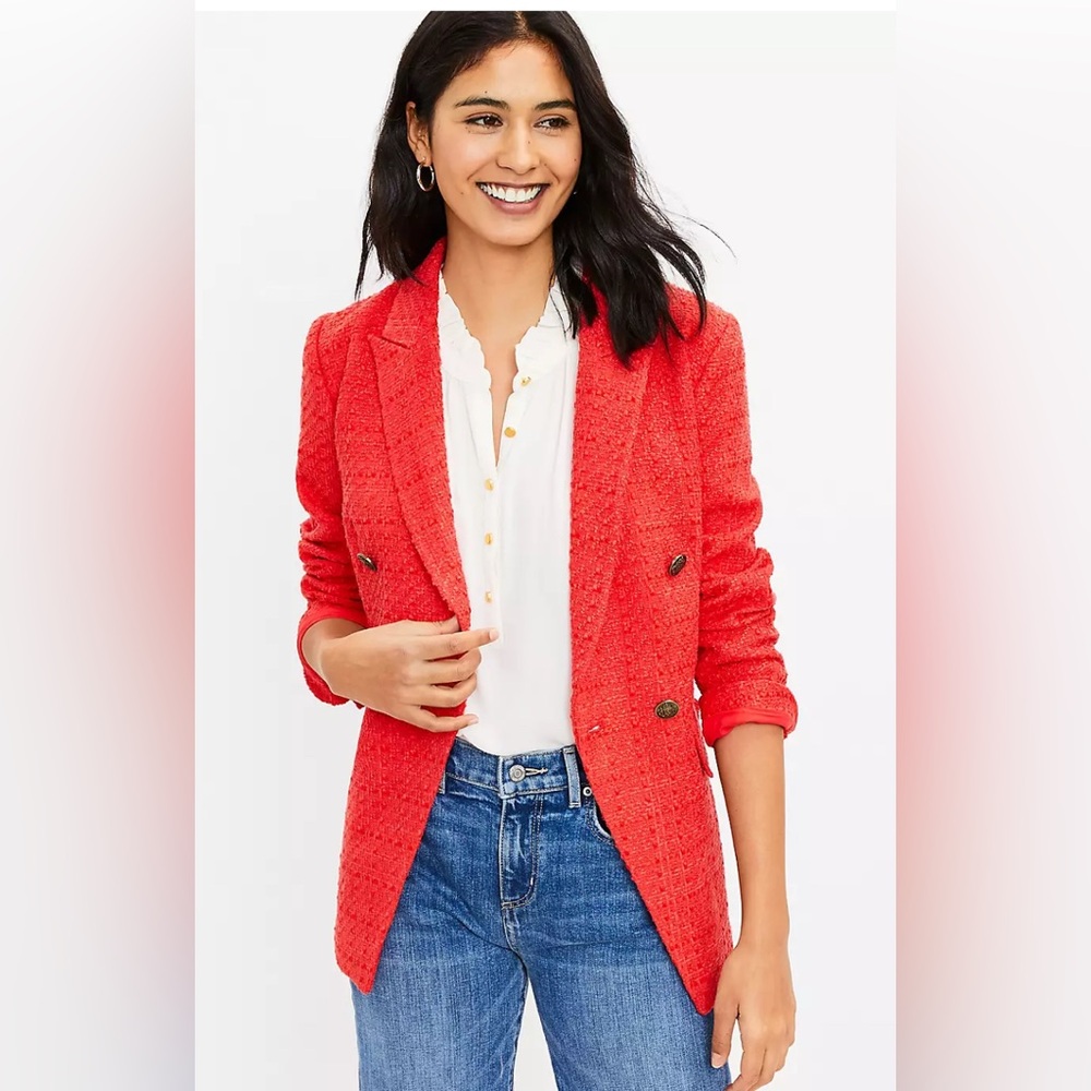 LOFT sz 4 Tweed Rapture Red Coral Double Breasted Blazer Jacket Business Holiday